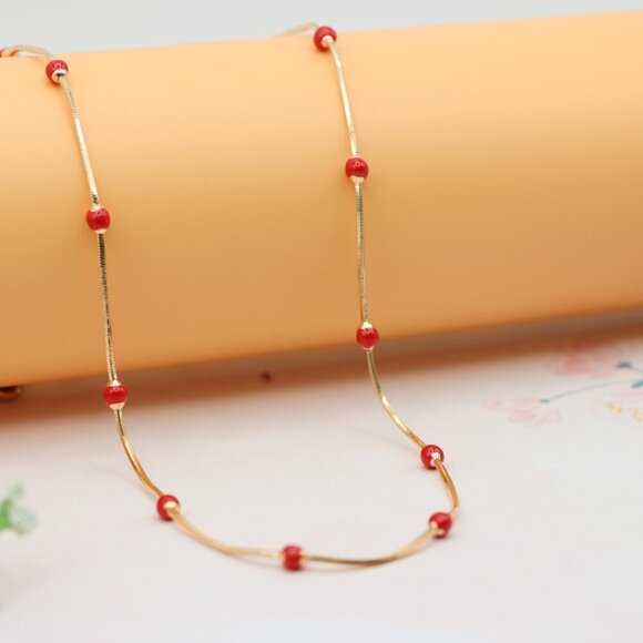 "Rose Gold Necklace with Red Beads Elegant Accent Chain, XPNL0134 - Picture 9 of 12